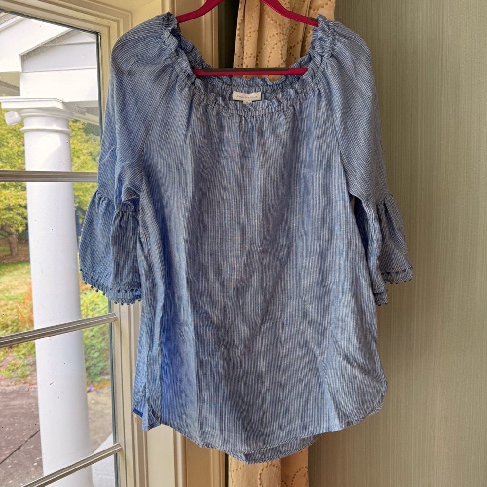 Charter Club Light Blue Striped Linen Blouse Ruffles Flared Embellished Sleeves
